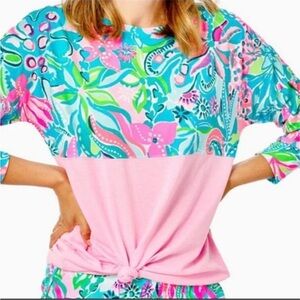 Lilly Pulitzer • Finn Top in Turquoise Oasis Pink Green Leafy Blouse